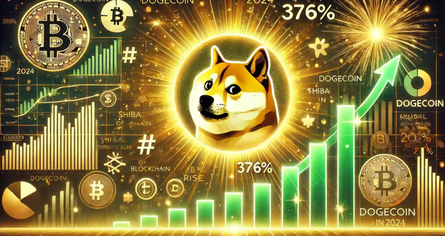 Illustration numérique vibrant mettant en lumière la montée de 376 % du Dogecoin en 2024, avec un symbole lumineux de Shiba Inu et des graphiques financiers.