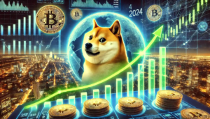 Illustration réaliste représentant l'ascension spectaculaire du Dogecoin en 2024, avec la mascotte Shiba Inu entourée de pièces lumineuses et de graphiques financiers en hausse.