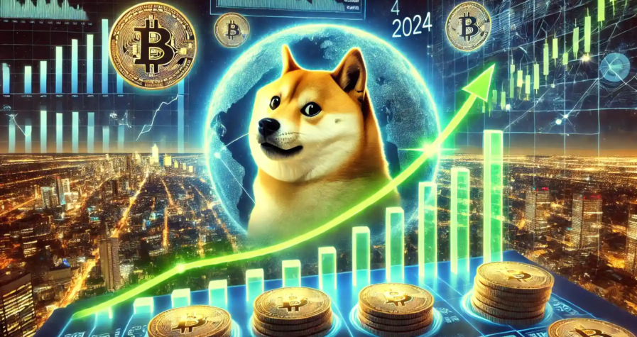 Illustration réaliste représentant l'ascension spectaculaire du Dogecoin en 2024, avec la mascotte Shiba Inu entourée de pièces lumineuses et de graphiques financiers en hausse.