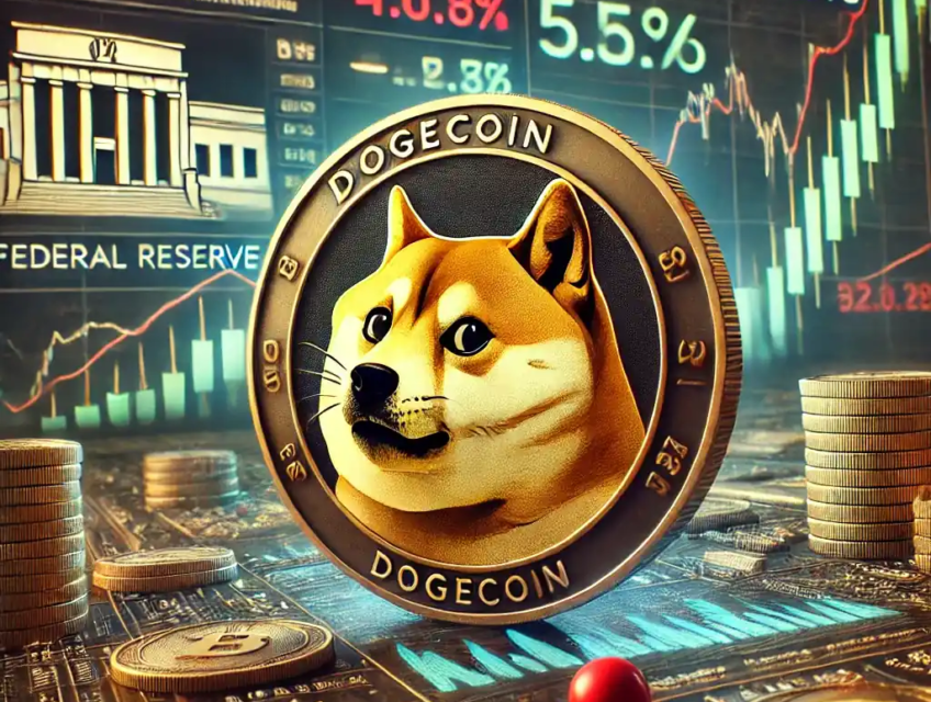 A Dogecoin coin with the Shiba Inu logo set against financial charts showing a sharp decline and slight recovery, reflecting recent market volatility.