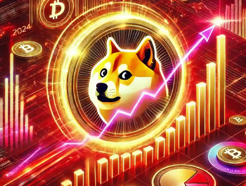 A vibrant digital artwork depicting Dogecoin's rise in 2024, featuring a glowing Dogecoin logo surrounded by financial graphs and digital currency symbols on a bold red background.