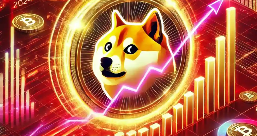 A vibrant digital artwork depicting Dogecoin's rise in 2024, featuring a glowing Dogecoin logo surrounded by financial graphs and digital currency symbols on a bold red background.