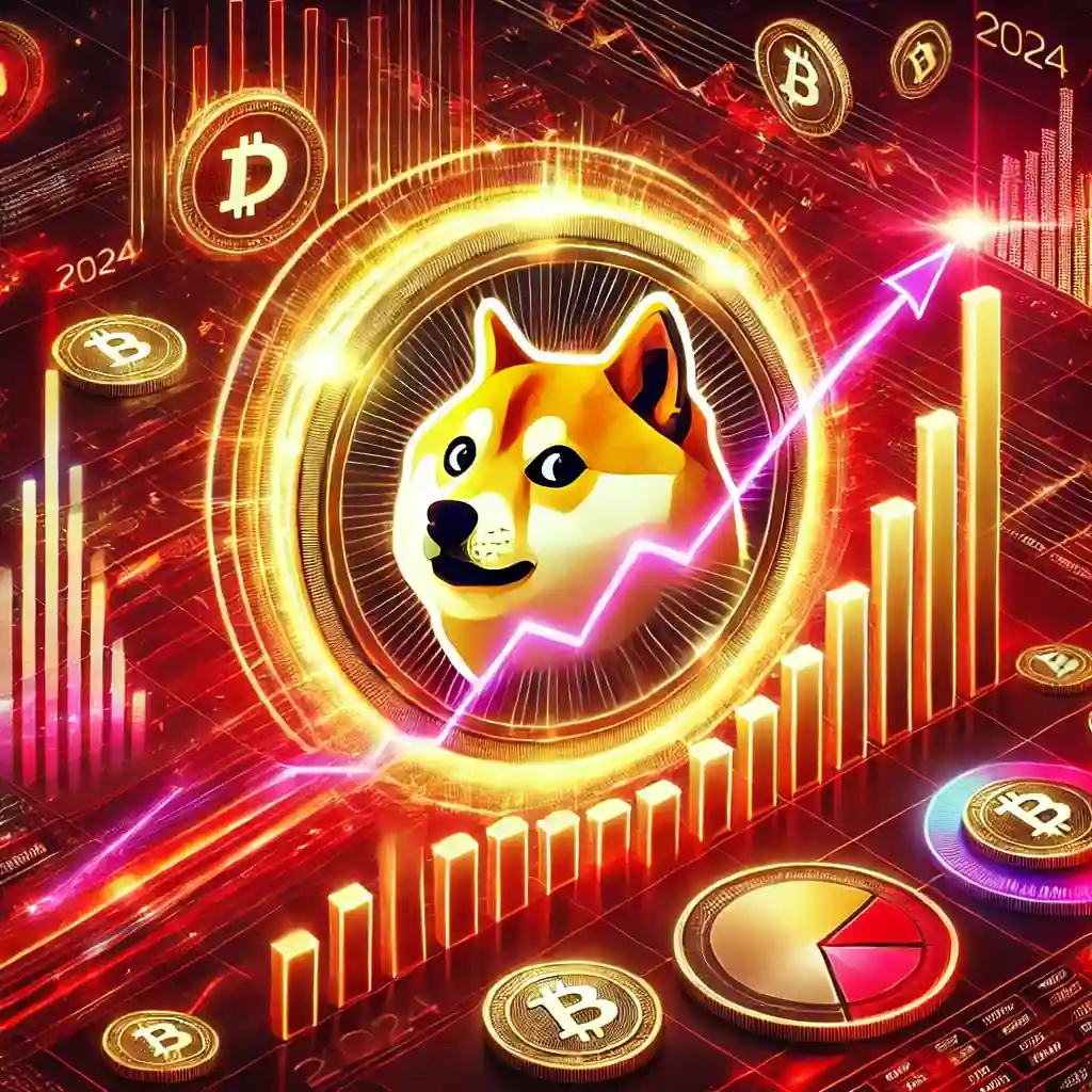 A vibrant digital artwork depicting Dogecoin's rise in 2024, featuring a glowing Dogecoin logo surrounded by financial graphs and digital currency symbols on a bold red background.