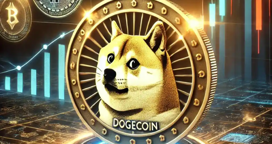 A futuristic depiction of a Dogecoin coin featuring the Shiba Inu logo, surrounded by glowing cryptocurrency symbols and blockchain patterns.