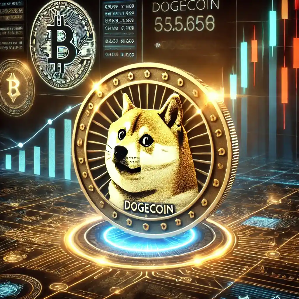A futuristic depiction of a Dogecoin coin featuring the Shiba Inu logo, surrounded by glowing cryptocurrency symbols and blockchain patterns.