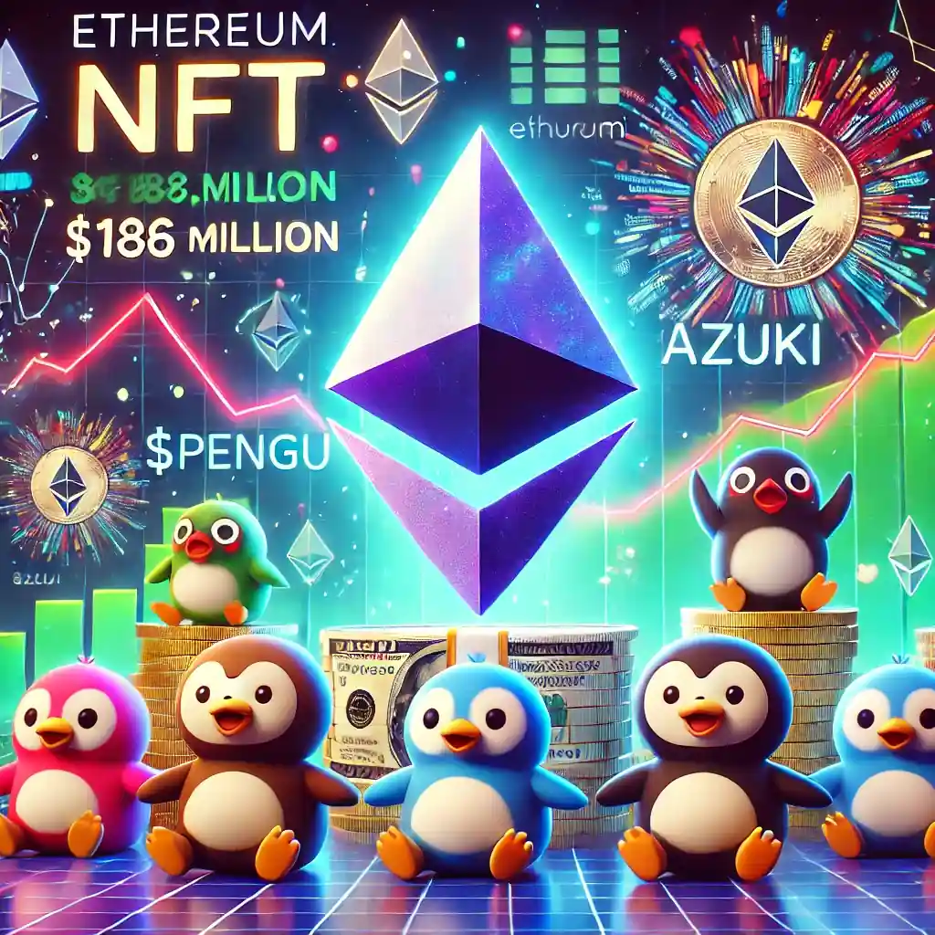 A detailed visualization of Ethereum's NFT market in 2024, showcasing its dominance with iconic collections like Pudgy Penguins and Azuki, dynamic blockchain elements, and trading metrics highlighting $186 million in transactions.