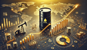 Illustration des dynamiques du marché pétrolier avec des barils de pétrole, des graphiques financiers et des plateformes pétrolières.