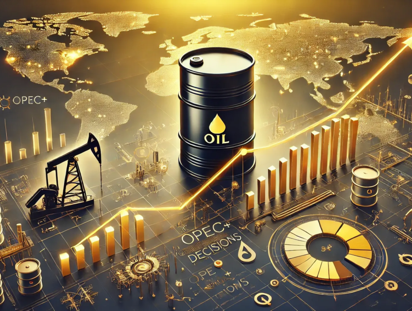 Illustration des dynamiques du marché pétrolier avec des barils de pétrole, des graphiques financiers et des plateformes pétrolières.