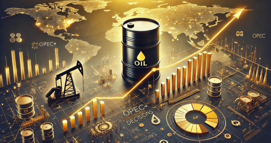 Illustration des dynamiques du marché pétrolier avec des barils de pétrole, des graphiques financiers et des plateformes pétrolières.