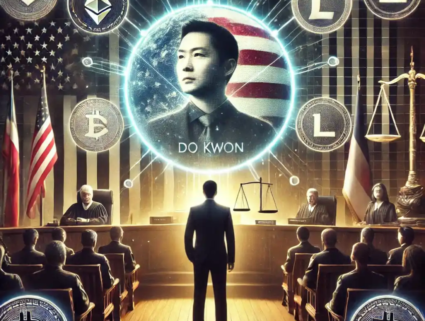 Une illustration représentant l'extradition de Do Kwon, fondateur de Terraform Labs, avec des symboles de crypto-monnaies comme TerraUSD et Luna en arrière-plan, entouré d'éléments symbolisant la justice et la régulation internationale.