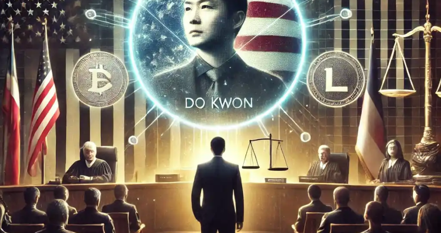 Une illustration représentant l'extradition de Do Kwon, fondateur de Terraform Labs, avec des symboles de crypto-monnaies comme TerraUSD et Luna en arrière-plan, entouré d'éléments symbolisant la justice et la régulation internationale.