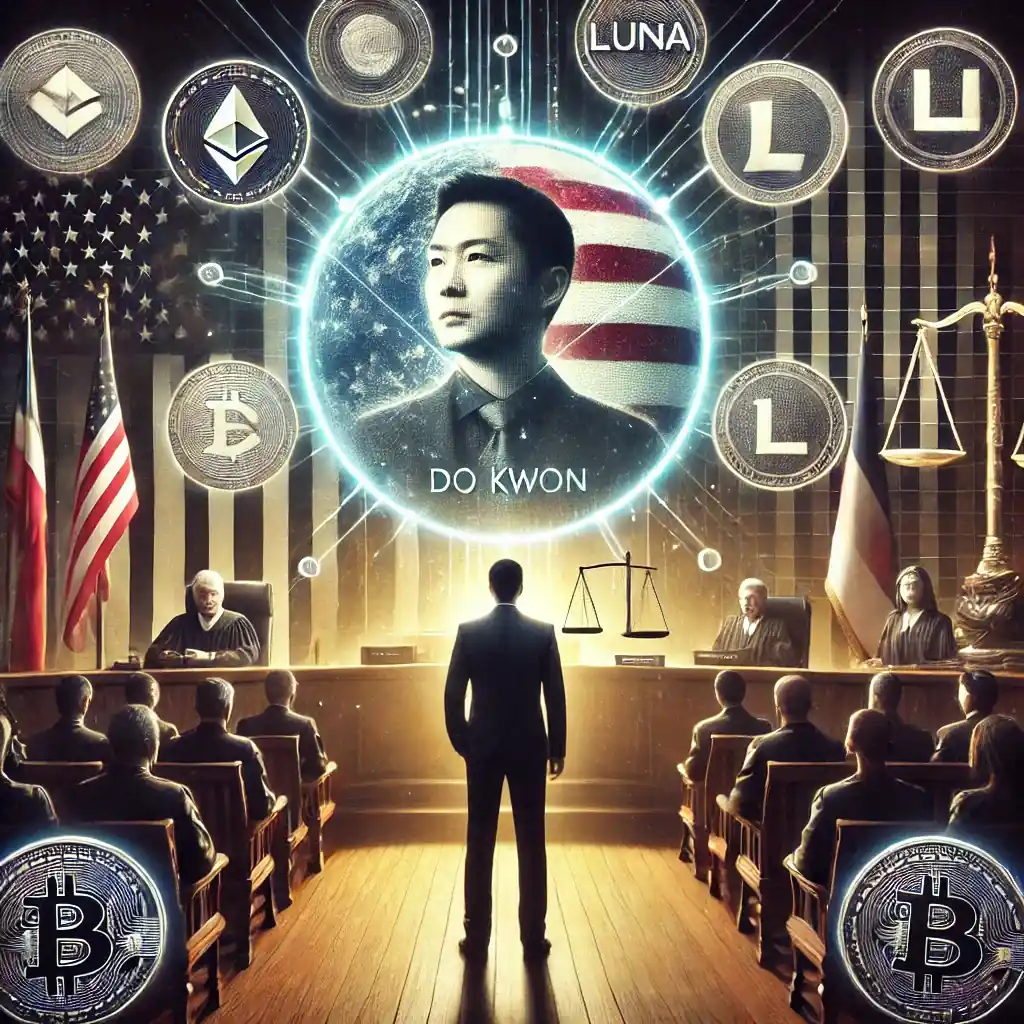 Une illustration représentant l'extradition de Do Kwon, fondateur de Terraform Labs, avec des symboles de crypto-monnaies comme TerraUSD et Luna en arrière-plan, entouré d'éléments symbolisant la justice et la régulation internationale.