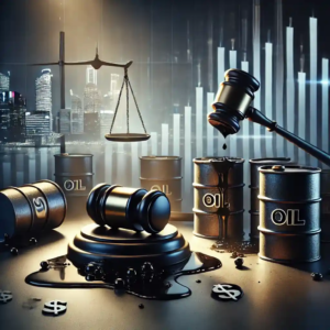 Une illustration dramatique d'un magnat de l'industrie pétrolière, représenté sous un faisceau de lumière froide avec des piles de documents et des barils de pétrole en arrière-plan, symbolisant la chute de l'empire Hin Leong Trading.