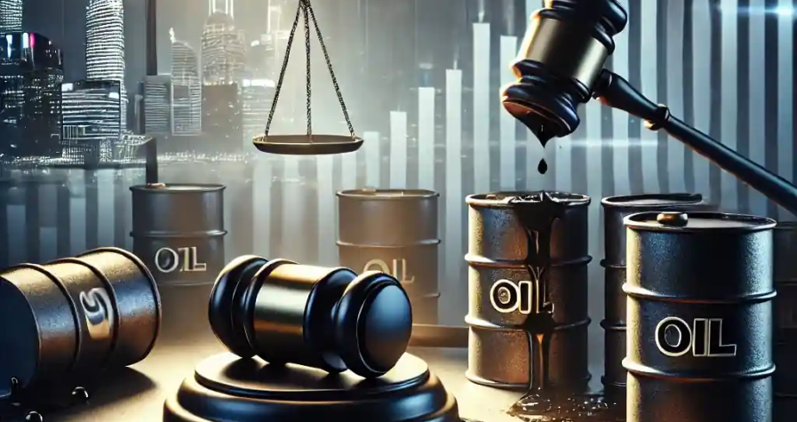 Une illustration dramatique d'un magnat de l'industrie pétrolière, représenté sous un faisceau de lumière froide avec des piles de documents et des barils de pétrole en arrière-plan, symbolisant la chute de l'empire Hin Leong Trading.