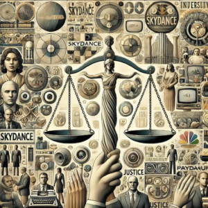 Illustration montrant la controverse autour de la fusion Skydance-Paramount, soulignant les préoccupations liées à la diversité et à l'équité dans l'industrie médiatique.