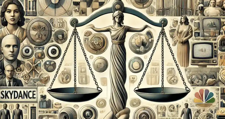 Illustration montrant la controverse autour de la fusion Skydance-Paramount, soulignant les préoccupations liées à la diversité et à l'équité dans l'industrie médiatique.