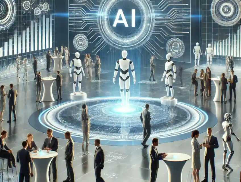 An ultra-realistic scene of a tech conference with holographic displays, robotic figures, and digital graphs showcasing advancements in artificial intelligence.