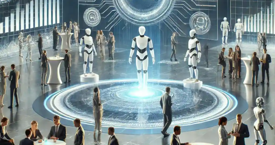 An ultra-realistic scene of a tech conference with holographic displays, robotic figures, and digital graphs showcasing advancements in artificial intelligence.