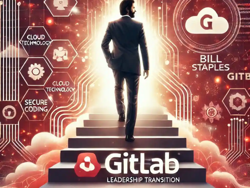 A digital artwork illustrating GitLab’s leadership transition, featuring abstract representations of Bill Staples and GitLab’s logo amidst digital networks and cybersecurity symbols on a crimson and white background.