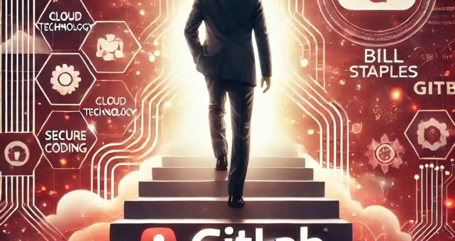 A digital artwork illustrating GitLab’s leadership transition, featuring abstract representations of Bill Staples and GitLab’s logo amidst digital networks and cybersecurity symbols on a crimson and white background.