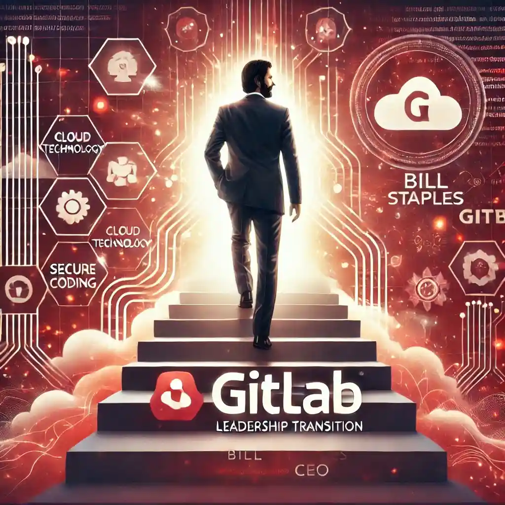 A digital artwork illustrating GitLab’s leadership transition, featuring abstract representations of Bill Staples and GitLab’s logo amidst digital networks and cybersecurity symbols on a crimson and white background.