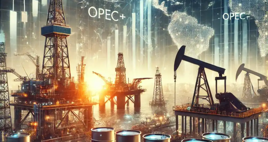 An ultra-realistic depiction of U.S. shale oil rigs and OPEC+ offshore platforms, symbolizing global oil market competition and price dynamics.