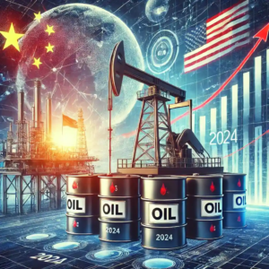 Illustration réaliste montrant une plate-forme de forage pétrolier avec des drapeaux internationaux, des barils et un graphique symbolisant les tendances du marché mondial du pétrole.