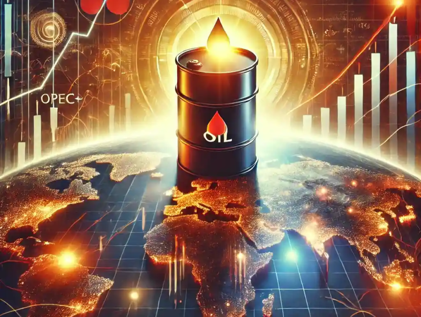 A digital artwork showcasing a glowing oil barrel atop a global map, surrounded by financial graphs, OPEC+ symbols, and red and gold tones symbolizing oil market volatility and geopolitical tensions.