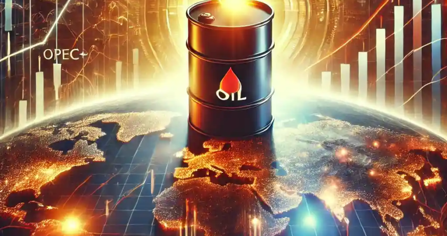 A digital artwork showcasing a glowing oil barrel atop a global map, surrounded by financial graphs, OPEC+ symbols, and red and gold tones symbolizing oil market volatility and geopolitical tensions.