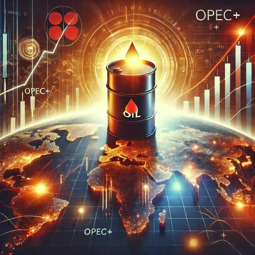 A digital artwork showcasing a glowing oil barrel atop a global map, surrounded by financial graphs, OPEC+ symbols, and red and gold tones symbolizing oil market volatility and geopolitical tensions.