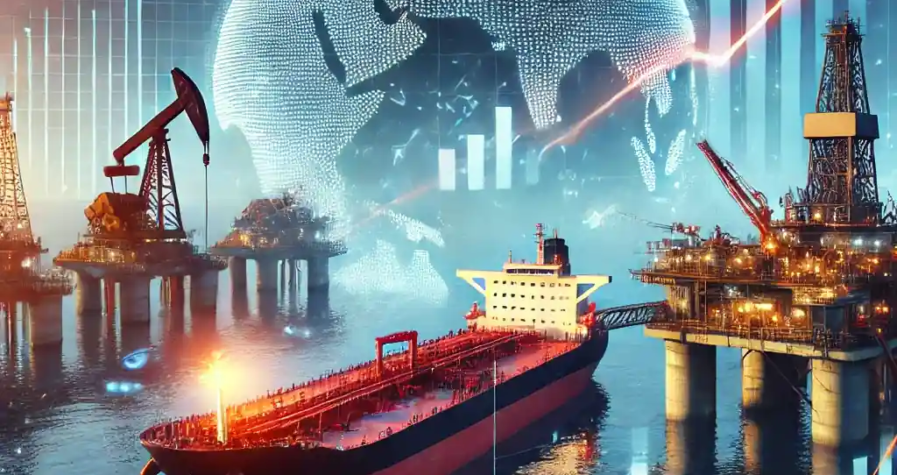 A Chinese oil tanker at a port alongside an operational oil rig, with financial graphs symbolizing rising oil prices due to economic stimulus.