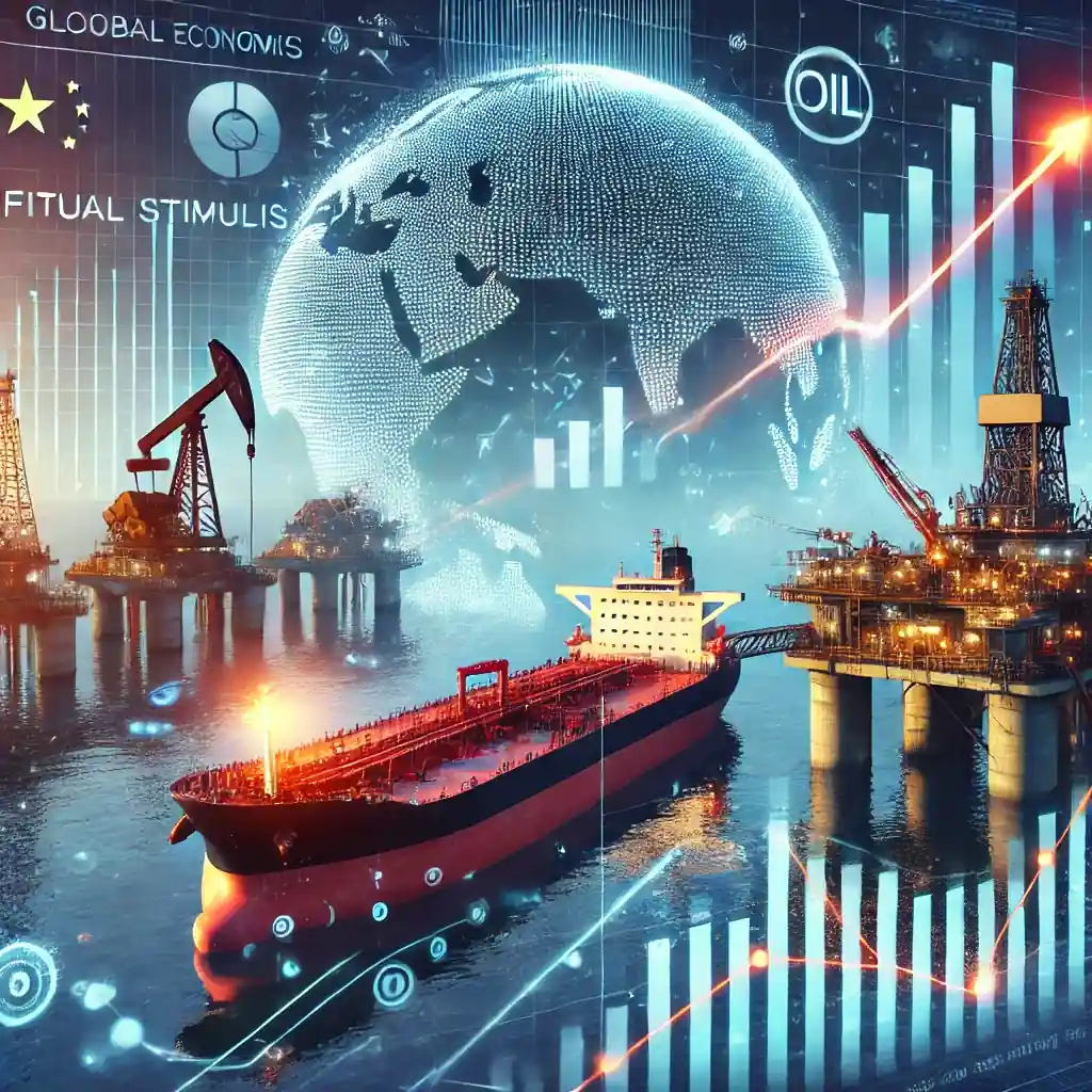 A Chinese oil tanker at a port alongside an operational oil rig, with financial graphs symbolizing rising oil prices due to economic stimulus.
