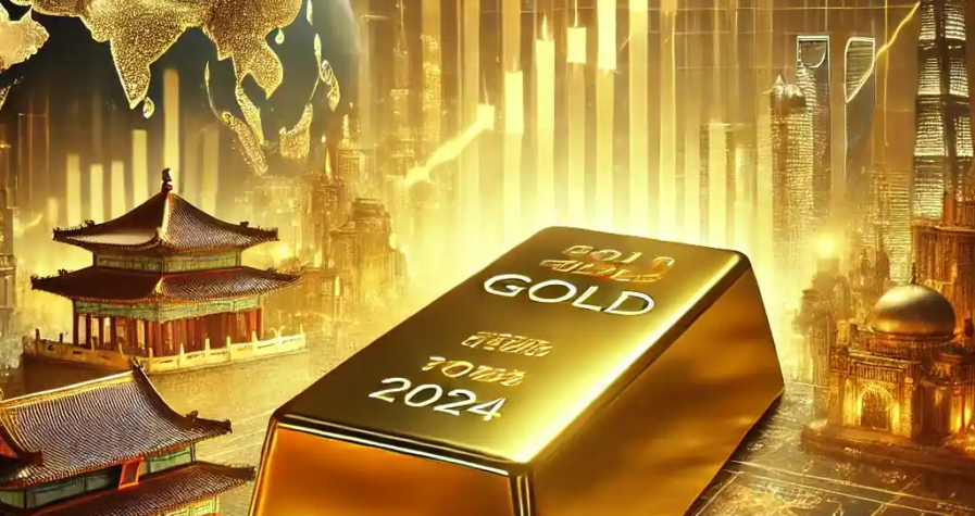 A stunning digital artwork showcasing a massive gold bar in the foreground, symbolizing gold's record-breaking performance in 2024. The backdrop features financial graphs, global economic indicators, and iconic Asian landmarks like the Great Wall of China and the Taj Mahal, all illuminated in a golden glow.