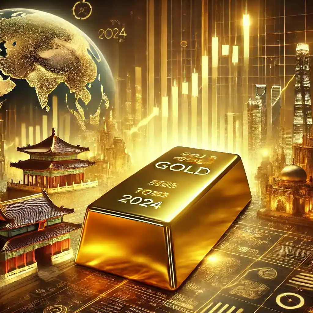 A stunning digital artwork showcasing a massive gold bar in the foreground, symbolizing gold's record-breaking performance in 2024. The backdrop features financial graphs, global economic indicators, and iconic Asian landmarks like the Great Wall of China and the Taj Mahal, all illuminated in a golden glow.