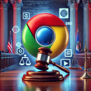 A realistic digital illustration depicting Google Chrome in a courtroom setting, symbolizing the antitrust legal battle with the U.S. Department of Justice.