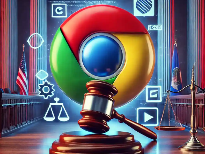 A realistic digital illustration depicting Google Chrome in a courtroom setting, symbolizing the antitrust legal battle with the U.S. Department of Justice.