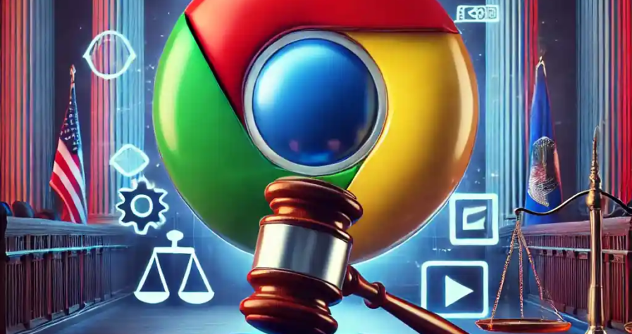 A realistic digital illustration depicting Google Chrome in a courtroom setting, symbolizing the antitrust legal battle with the U.S. Department of Justice.