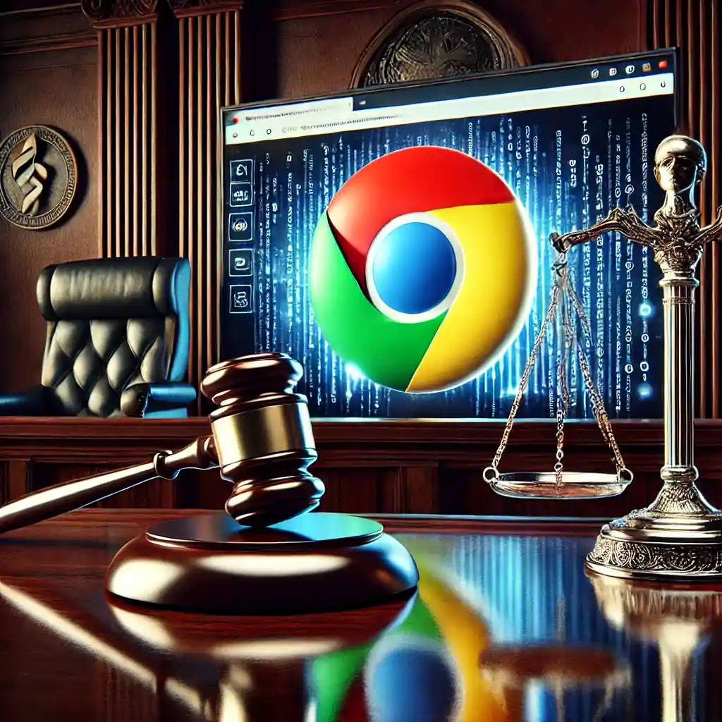 A courtroom scene with symbolic elements of the Google Chrome logo, legal documents, and scales of justice, representing the antitrust case between Google and the DOJ.