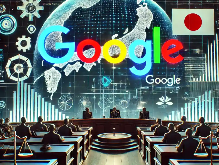 A courtroom scene with Google’s logo and Japanese legal symbols, alongside a map of Japan and tech-themed graphics symbolizing market regulation.