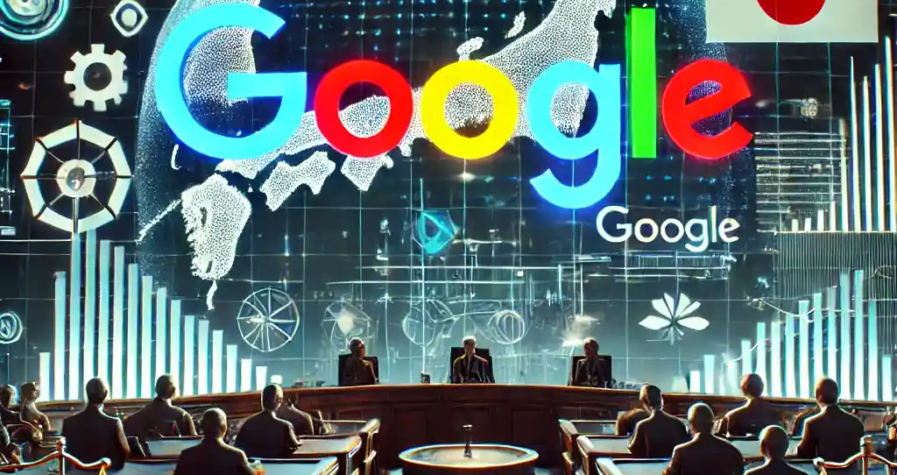 A courtroom scene with Google’s logo and Japanese legal symbols, alongside a map of Japan and tech-themed graphics symbolizing market regulation.