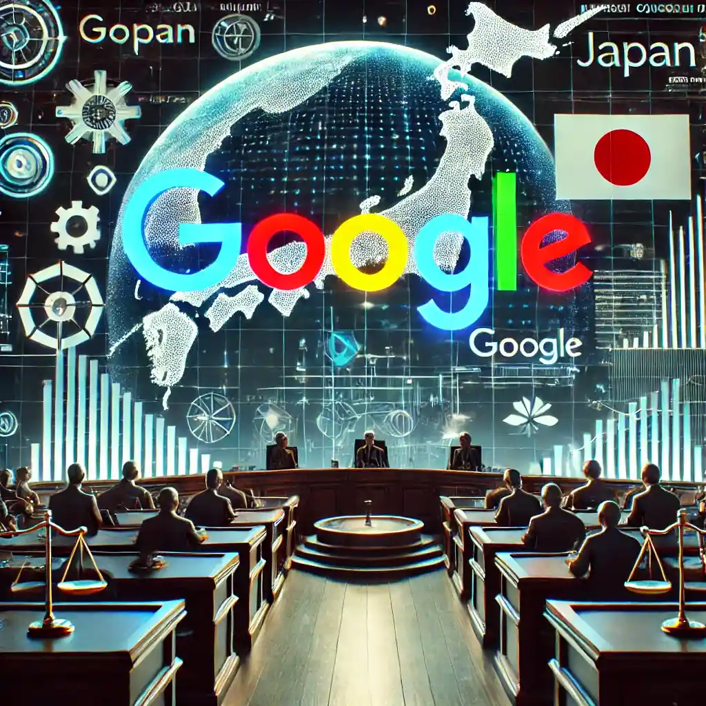 A courtroom scene with Google’s logo and Japanese legal symbols, alongside a map of Japan and tech-themed graphics symbolizing market regulation.