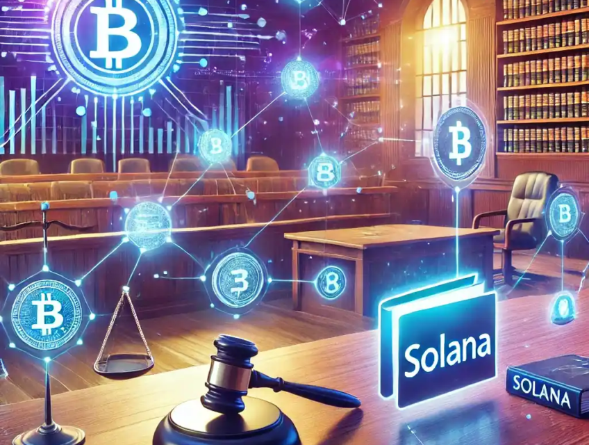 Une illustration numérique réaliste représentant le conflit juridique impliquant le cofondateur de Solana, Stephen Akridge. Le design utilise des teintes vibrantes de bleu et de violet avec le logo de Solana, des portefeuilles numériques et des éléments abstraits de blockchain, soulignant les thèmes technologiques et juridiques.