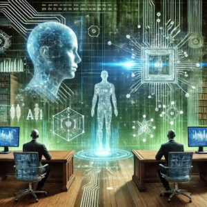 Une illustration symbolique représentant une bataille juridique entre deux entités technologiques dans un tribunal futuriste avec des écrans holographiques et une ambiance cybernétique.