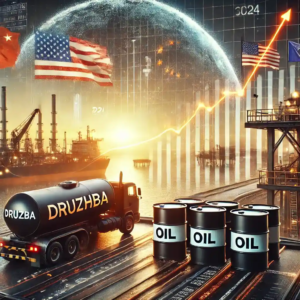 Une illustration réaliste représentant les dynamiques mondiales des prix du pétrole en 2024, avec des barils de pétrole, l'oléoduc Druzhba, des drapeaux américains, chinois et européens, et un graphique de prix.