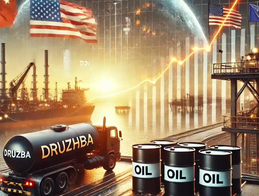 Une illustration réaliste représentant les dynamiques mondiales des prix du pétrole en 2024, avec des barils de pétrole, l'oléoduc Druzhba, des drapeaux américains, chinois et européens, et un graphique de prix.