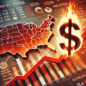 Illustration réaliste représentant l'impact de l'inflation aux États-Unis en 2024, avec des graphiques financiers en hausse, un symbole du dollar enflammé, et une carte des États-Unis en arrière-plan.