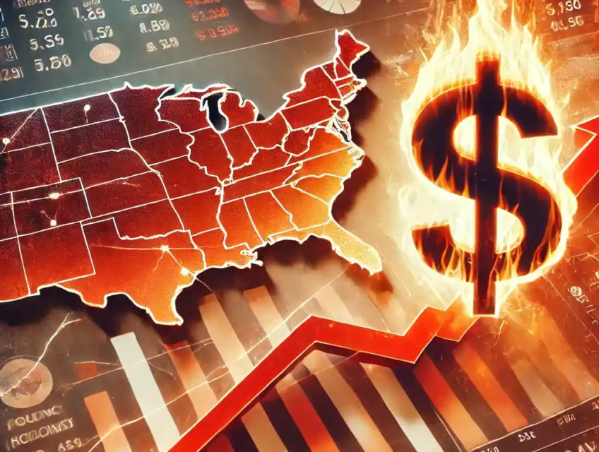 Illustration réaliste représentant l'impact de l'inflation aux États-Unis en 2024, avec des graphiques financiers en hausse, un symbole du dollar enflammé, et une carte des États-Unis en arrière-plan.