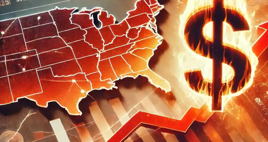 Illustration réaliste représentant l'impact de l'inflation aux États-Unis en 2024, avec des graphiques financiers en hausse, un symbole du dollar enflammé, et une carte des États-Unis en arrière-plan.