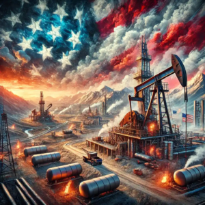 Illustration réaliste de la production pétrolière américaine sous l'effet des politiques favorisant l'énergie, mettant en scène des plates-formes pétrolières et des pipelines modernes dans un vaste paysage industriel.