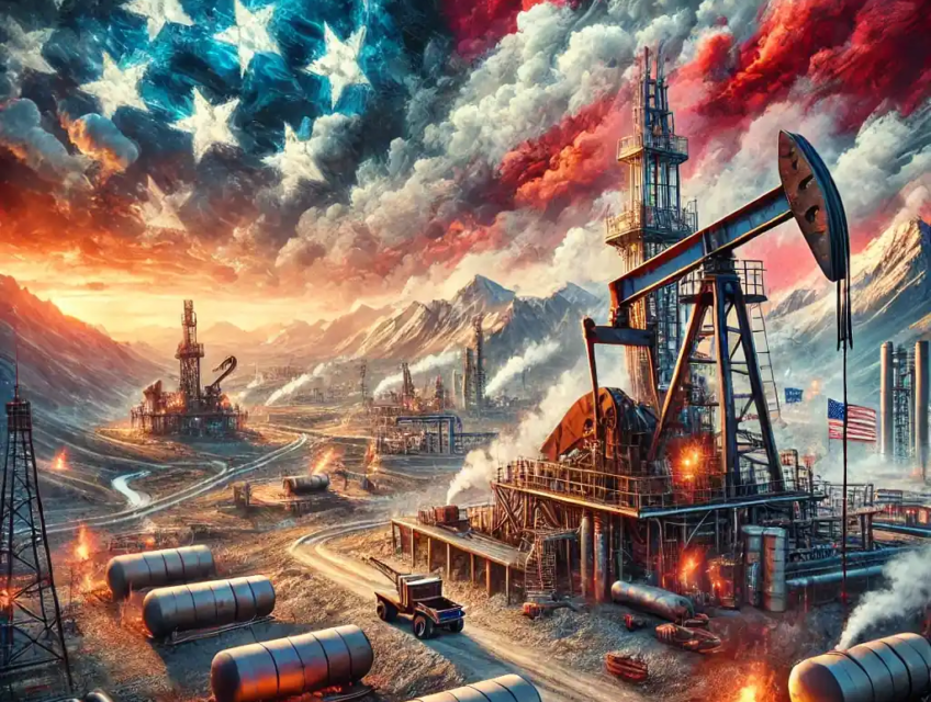 Illustration réaliste de la production pétrolière américaine sous l'effet des politiques favorisant l'énergie, mettant en scène des plates-formes pétrolières et des pipelines modernes dans un vaste paysage industriel.